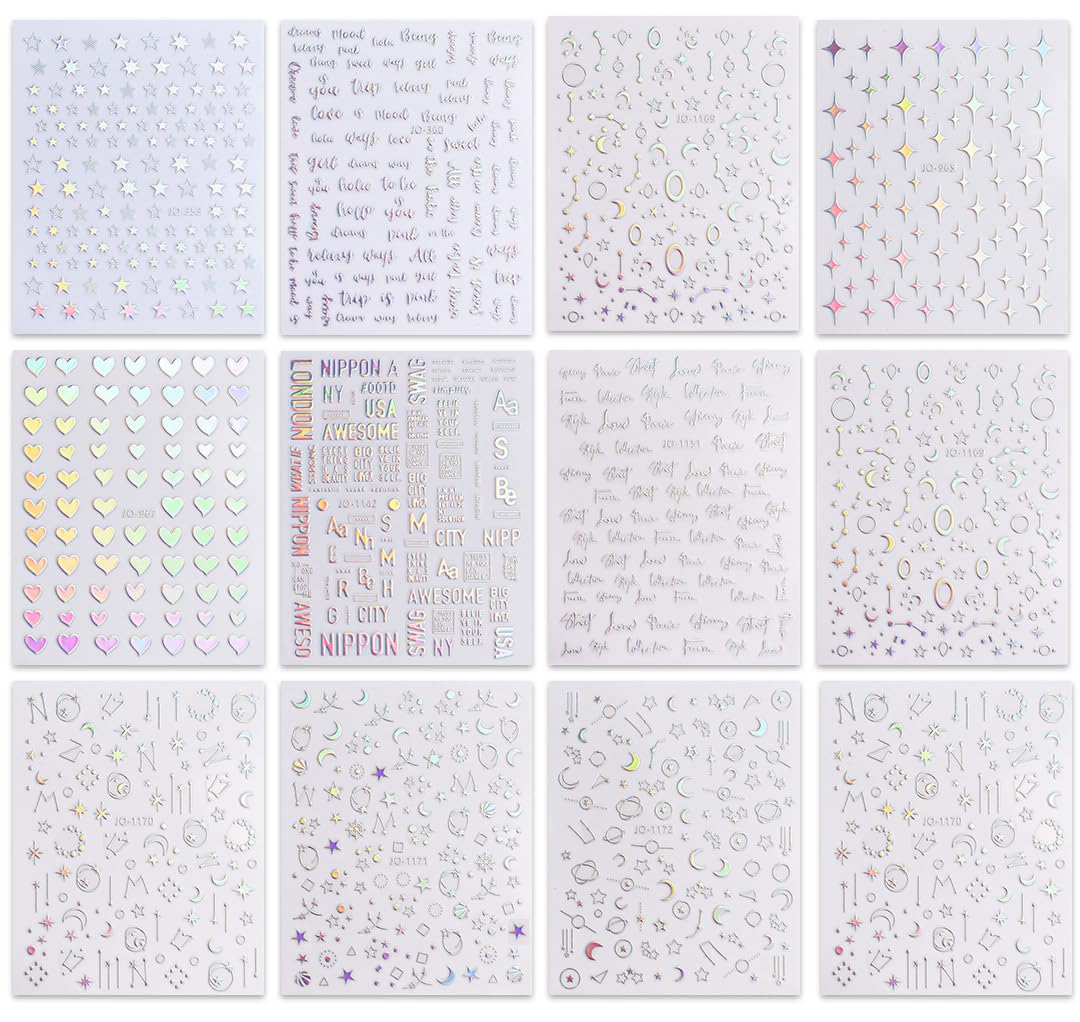 JMEOWIO 12 Sheets Aurora Nail Art Stickers Decals Self-Adhesive Pegatinas Uñas Glitter Holographic Star Heart Nail Supplies Nail Art Design Decoration Accessories