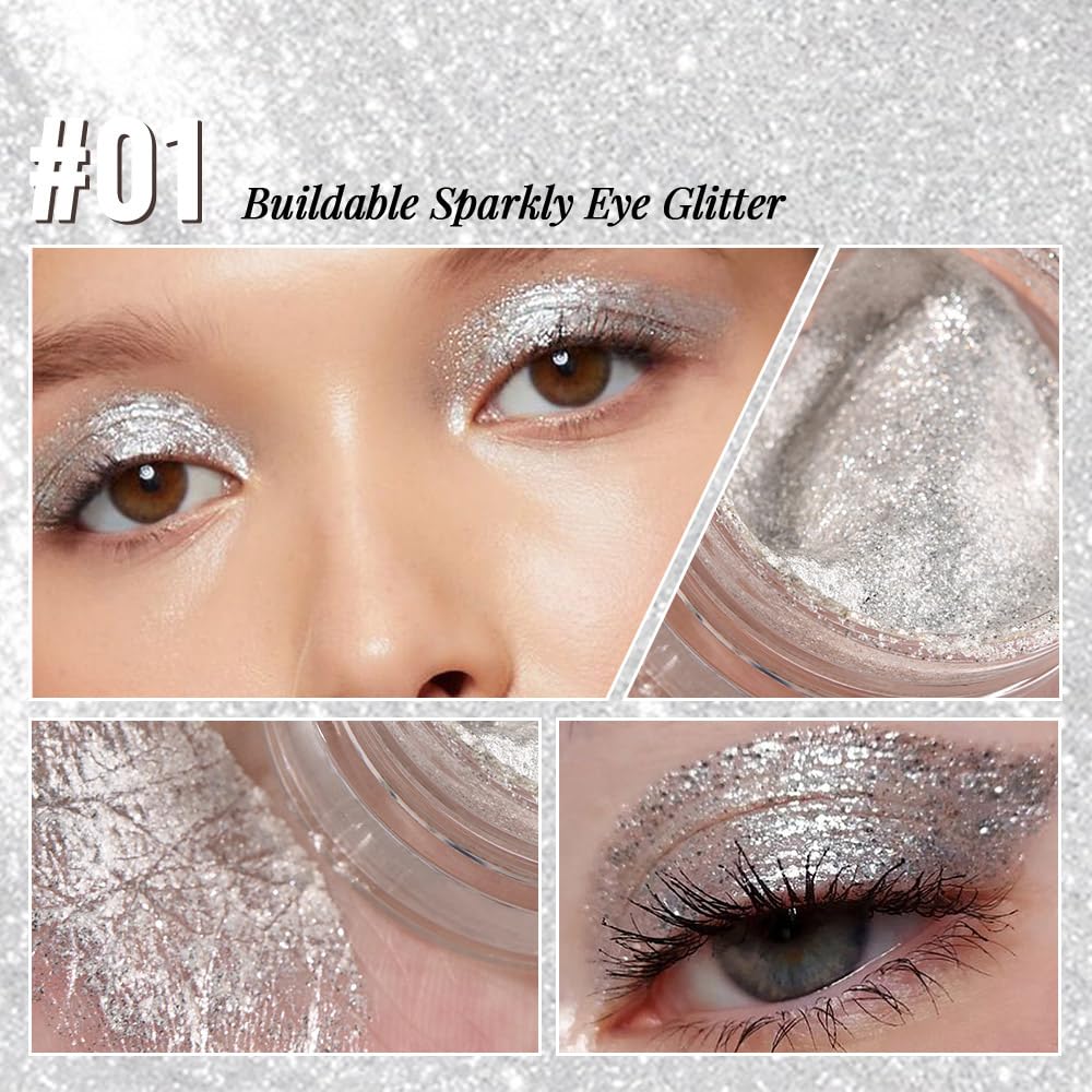 Monochrome Glitter Eyeshadow Palette,Single Silver White Gray Shimmer Eyeshadow,Long-Lasting Sheer Eye Makeup With A Sparkle Finish,Smooth Formula,Vegan & Cruelty-Free