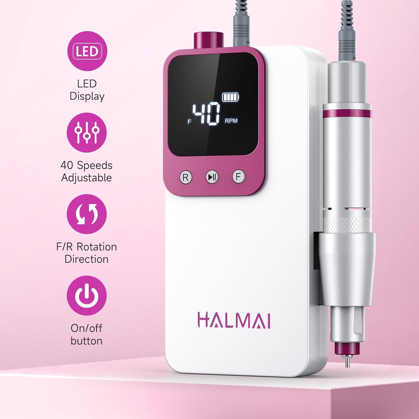 Electric Nail Drill Professional, Portable Nail File for Acrylic Gel Nails, Cordless Rechargeable Ultra Power Nail Drill Kit 40000RPM, HMC320 Salon-Grade Efile Nail Machine (White)