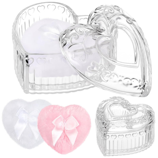 Tioncy 3 Pcs Large Body Powder Puff and Powder Container with Puff Crystal Container Soft Washable Reusable Velour Face Body Glitter Wet Dry Makeup Heart (Clear)