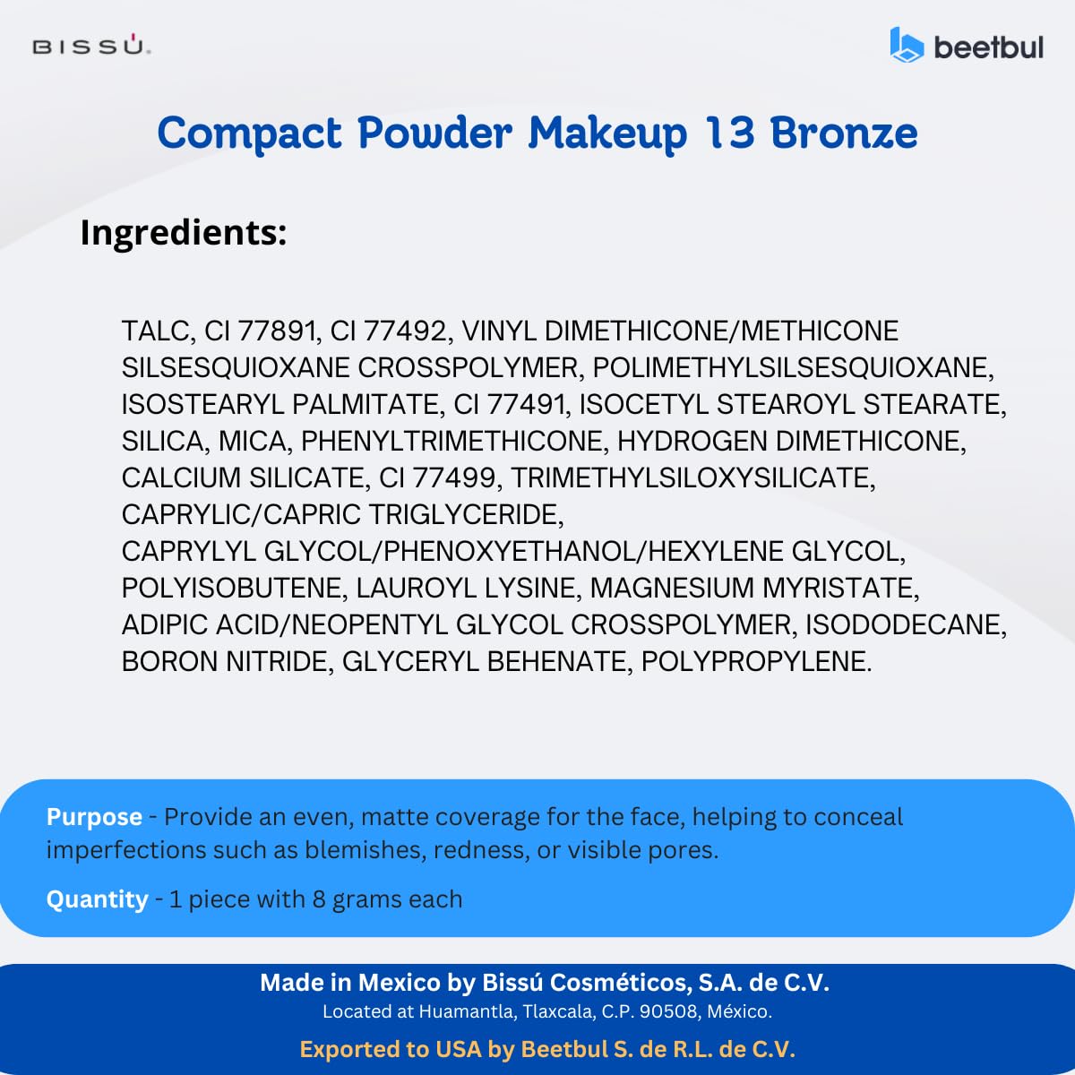 Beetbul Makeup & Exfoliation Kit - Bissú Compact Powder + 1 Medium Velvet Puff + 2 Finger Puffs + 1 Facial Exfoliating Sponge (13 Bronze, One Size)