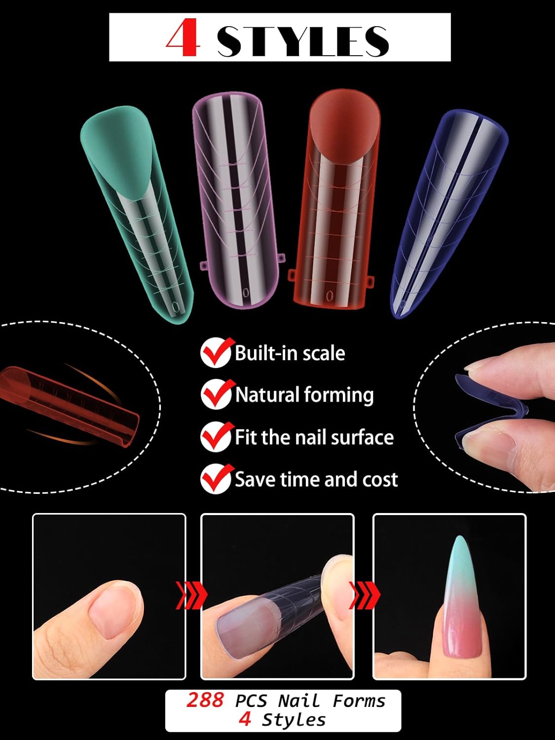 EBANKU Dual Nail Forms for Poly Extension Gel, 96 PCS Colorful Nail Molds Reusable Nail Extension Forms for Builder Gel Manicure Design Salon DIY-12 Sizes