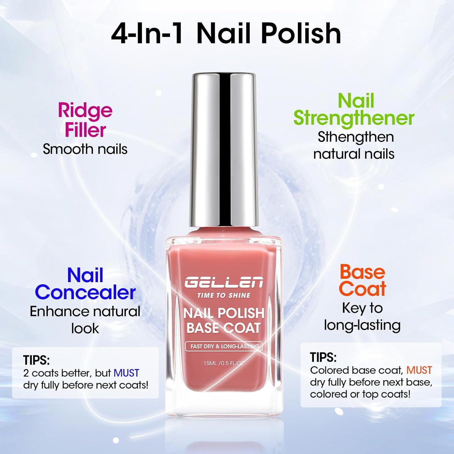 GELLEN 4-In-1 Illuminating Nail Concealer Base Coat Polish Dusty Rose Pink, Sheer Nail Strengthener Ridge Filler for Nails, Calcium Formula Smoothes Strengthens Nails, Quick Dry, Hema Free, Non-toxic