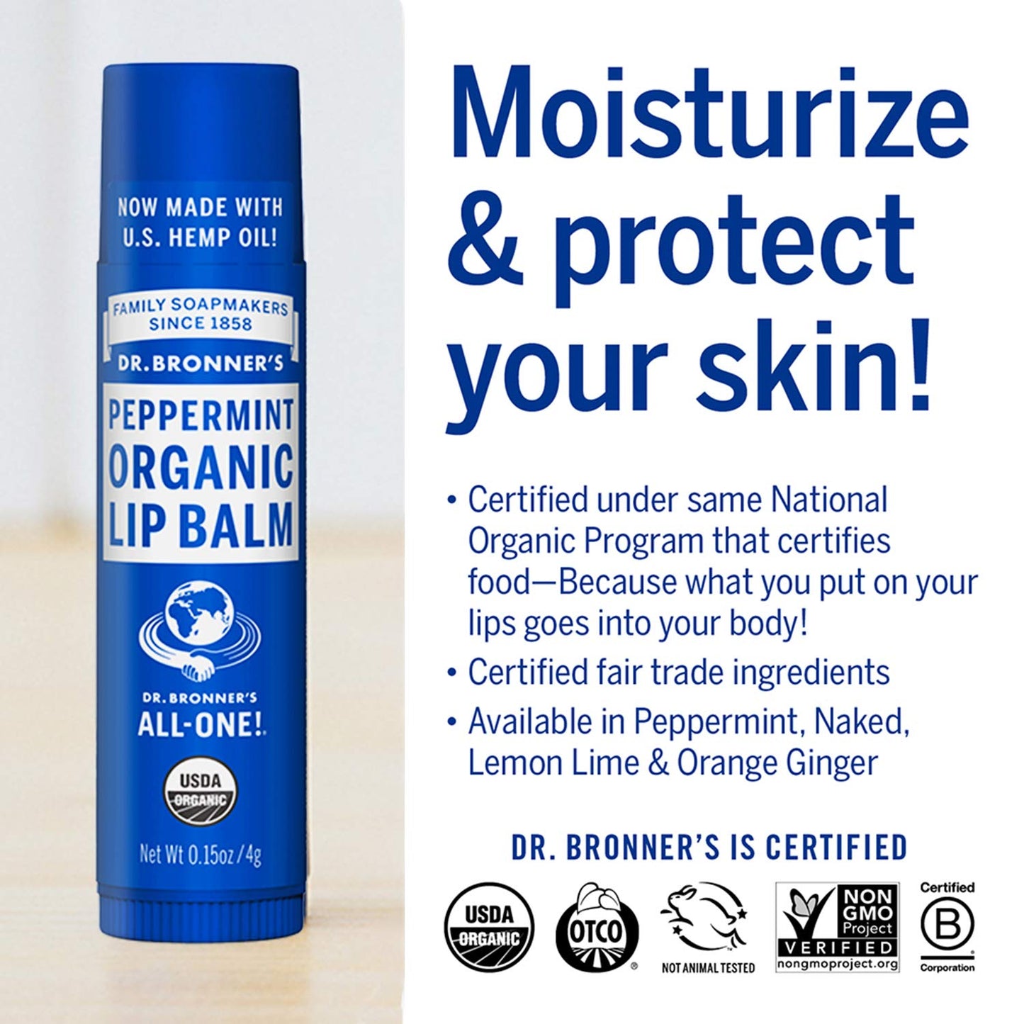 Dr. Bronner's - Organic Lip Balm (Peppermint, 0.15 ounce, 6-Pack) - Made with Organic Beeswax and Avocado Oil, For Dry Lips, Hands, Chin or Cheeks, Jojoba Oil for Added Moisture, Cooling and Hydrating