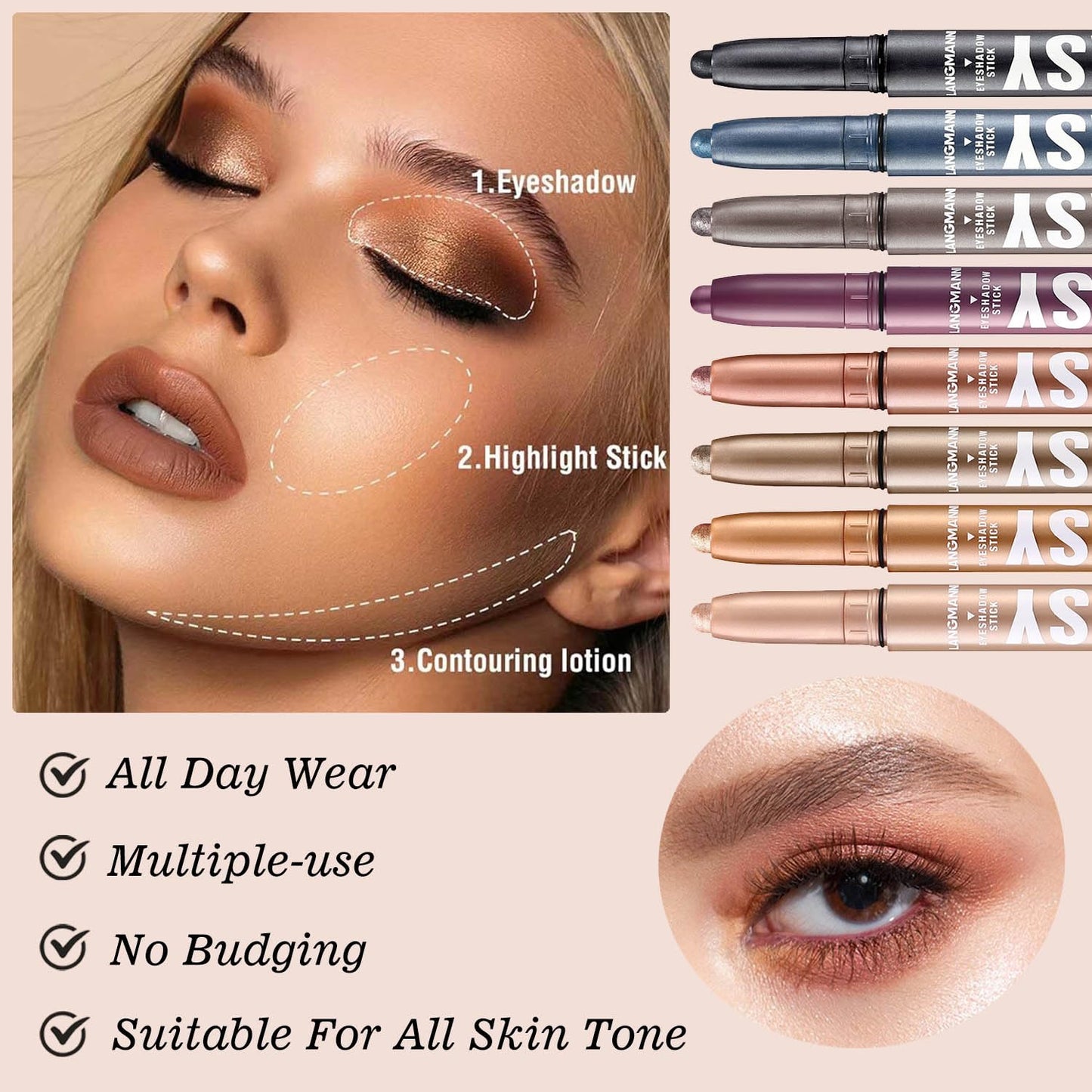 Rose Gold Eyeshadow Stick Shimmer Cream Single Eyeshadow Pencil Makeup, High Pigmented Crease-proof Eye Shadow Brightener Stick, Hypoallergenic Waterproof Long Lasting Eye Highlighter stick(B-10#)