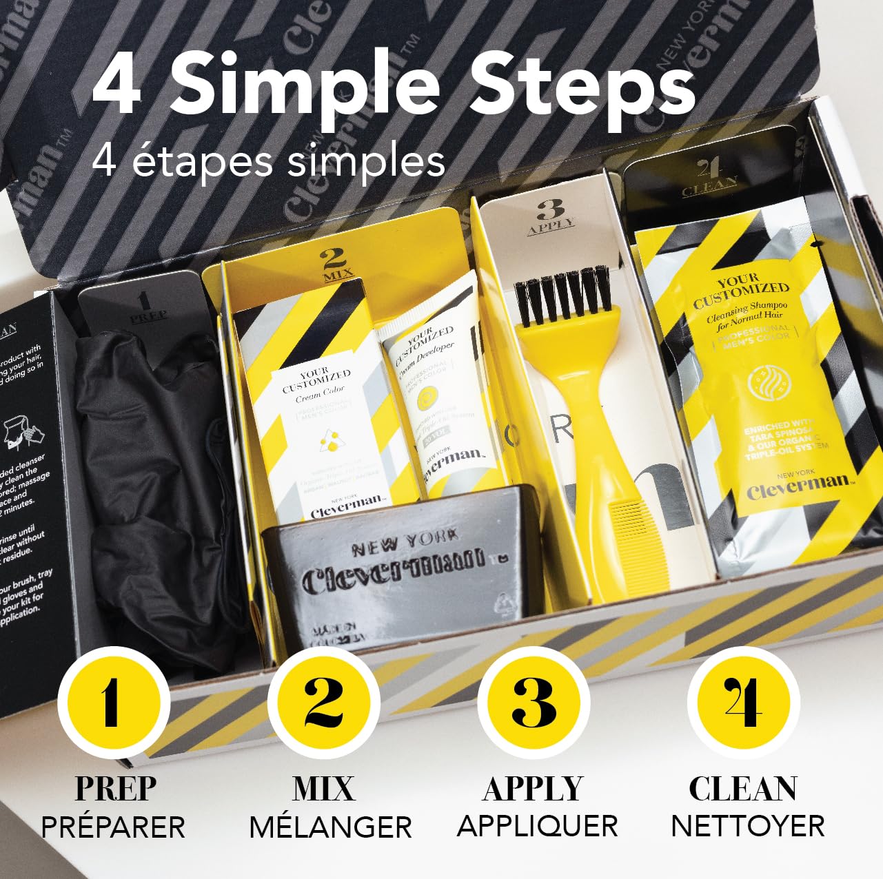 CLEVERMAN Black Hair & Beard Dye for Men, All-in-One Reusable Kit - Natural-Looking Gray Coverage, Professional-Quality, Ammonia-Free, 3.38 Fl Oz (1 Pack), Black, Suitable for Black Hair