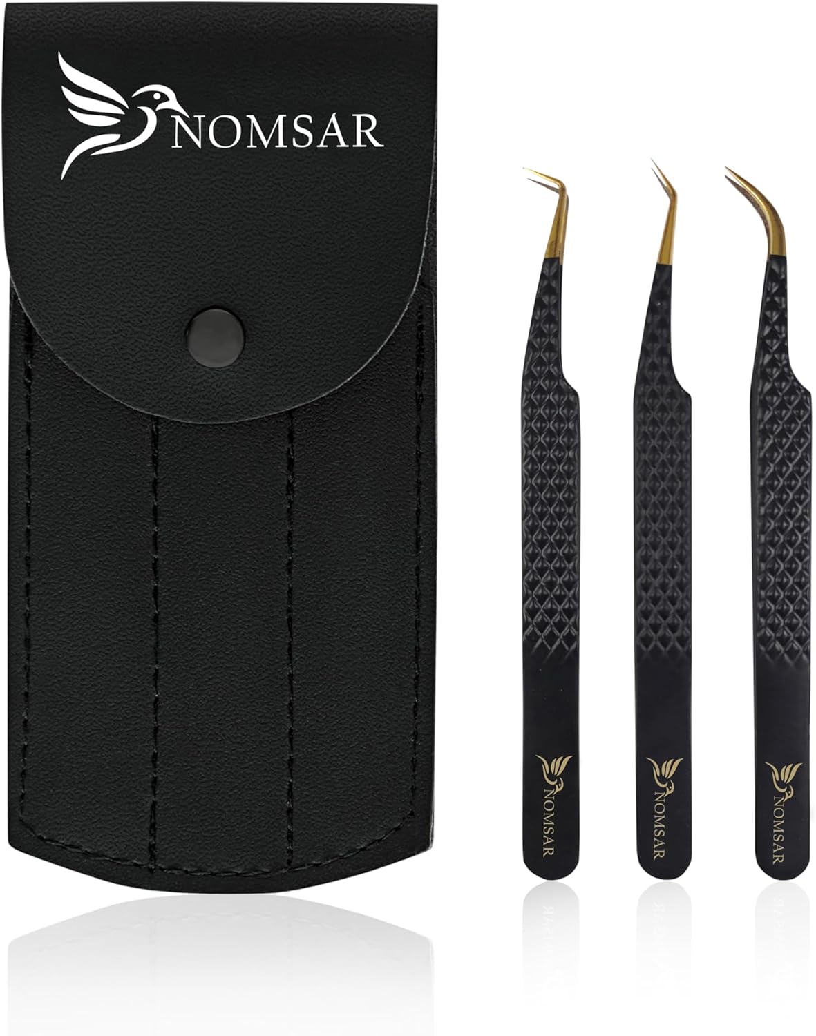 Eyelash Extensions Tweezers, Set of 3 - Stainless Steel with Diamond Grip for Volume lash Extension - Fiber Tip Tweezers for Multipurpose & Application (Black)