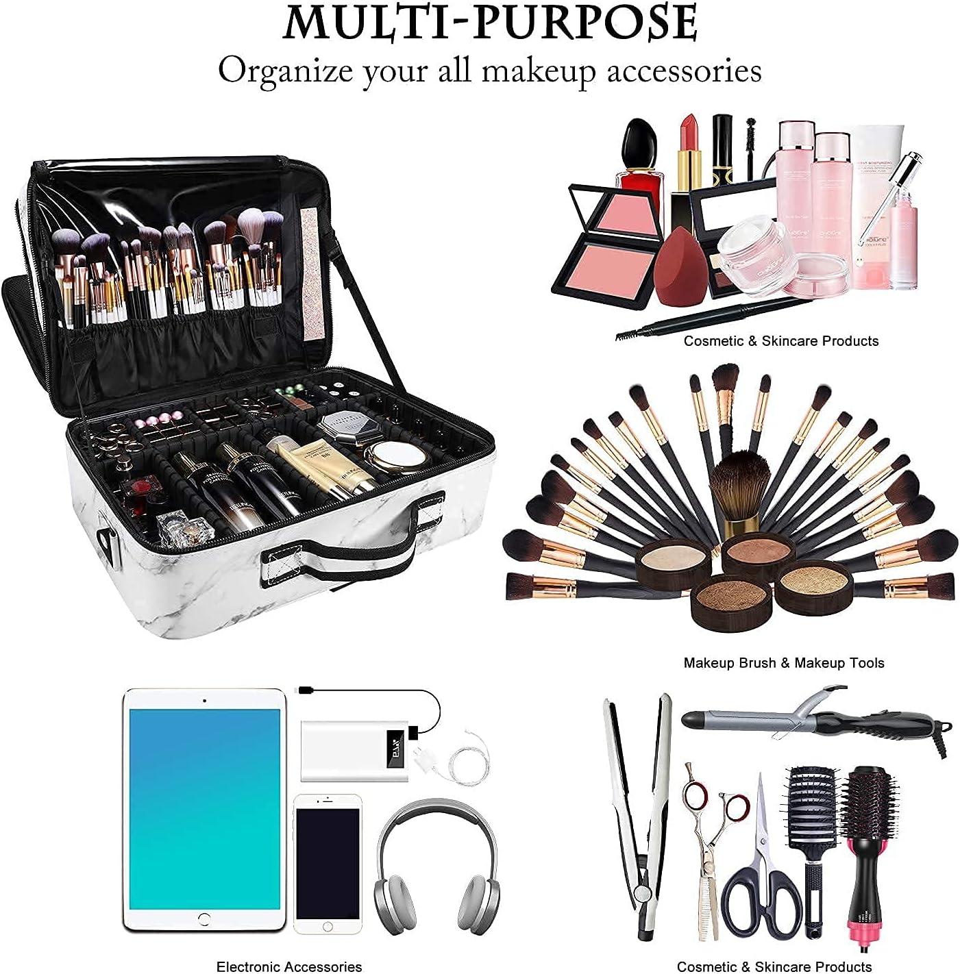 JOURMON Travel Makeup Case Portable Makeup Train Case Organizer Cosmetic Bag with Adjustable Dividers and Shoulder Strap for Makeup Brushes Toiletry Travel Accessories(Marble White Black, L)