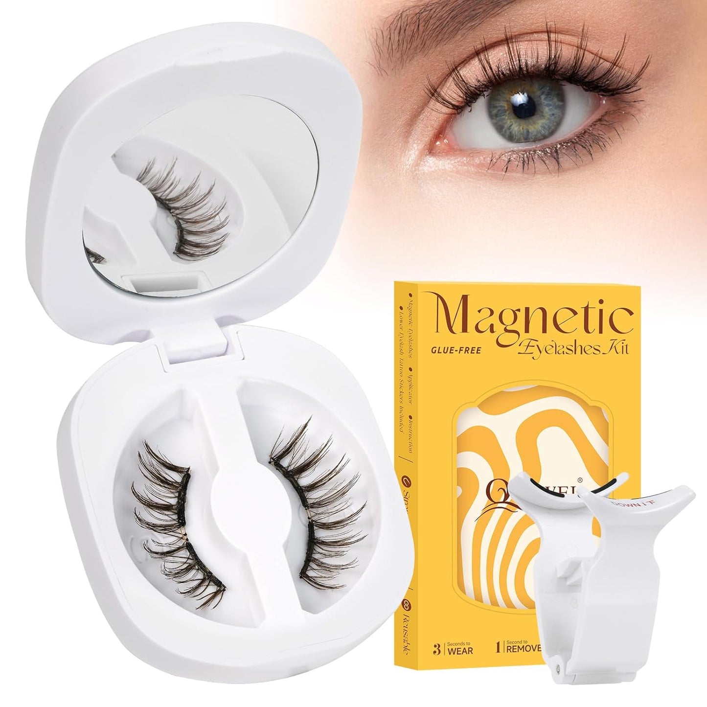 QUEWEL Magnetic Eyelashes, Reusable No Glue Needed Magnetic Eyelashes Kit with Applicator Lash Clusters Kit without Eyeliner So Soft and Easy to Wear and Remove (G-RC-C)