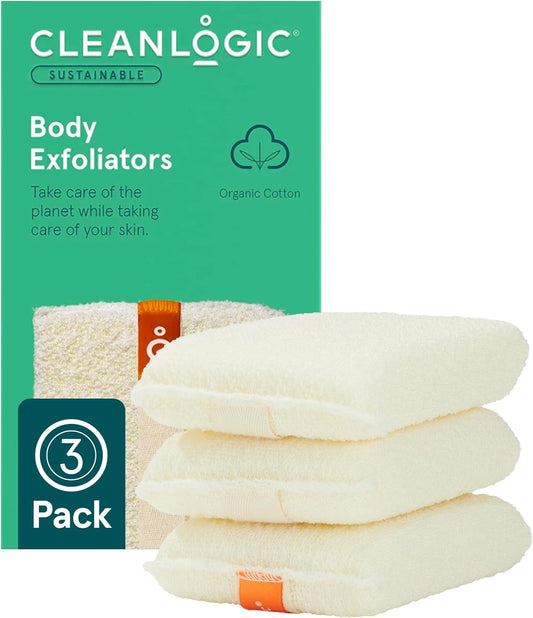 Cleanlogic Organic Cotton Exfoliating Body Scrubber, Reusable Exfoliator Tool for Smooth and Softer Skin, Daily Skincare Routine, Natural, 3 Count Value Pack