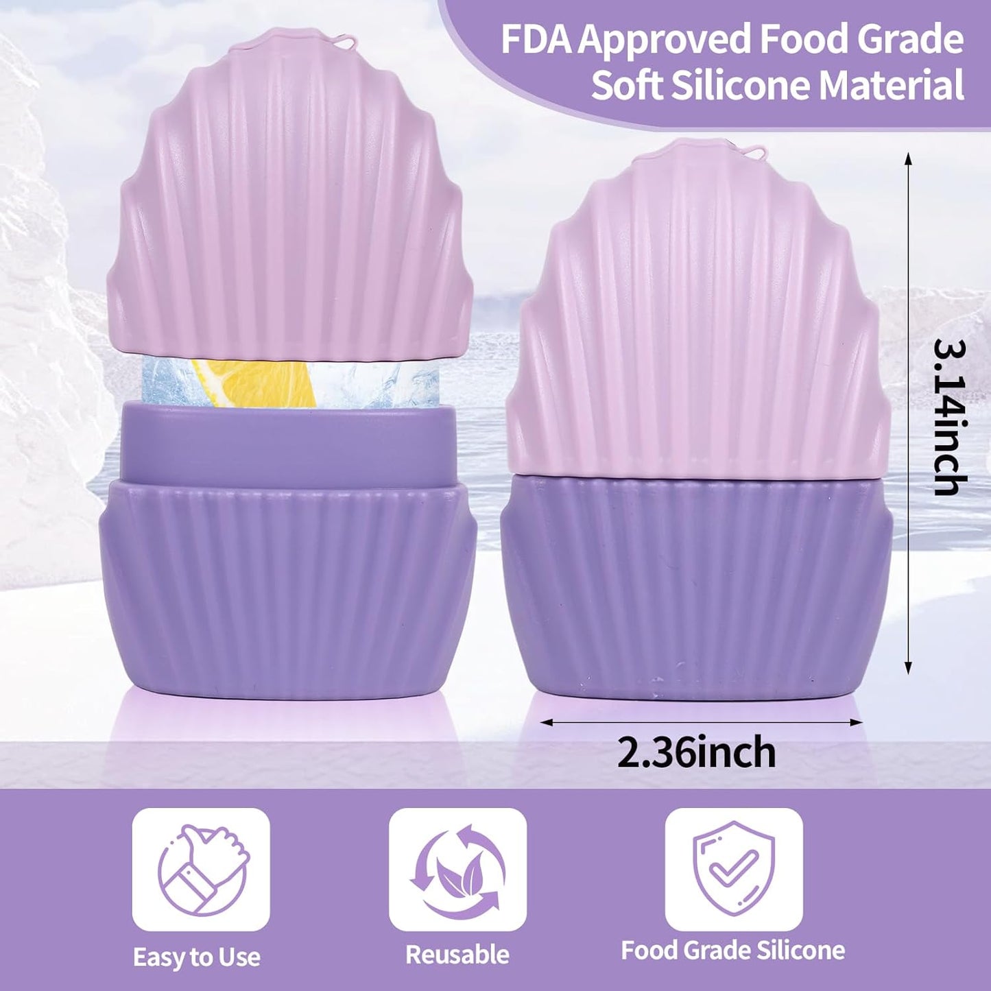 Ice Cube Roller for Face,Eyes and Neck,Reusable Silicone Ice Mold Mermaid Shell Shape for Shrink Pores Anti Wrinkle and Skin Beauty Care,Reduce Migraine Pain,Gua Sha Face Massage Tools (Purple)