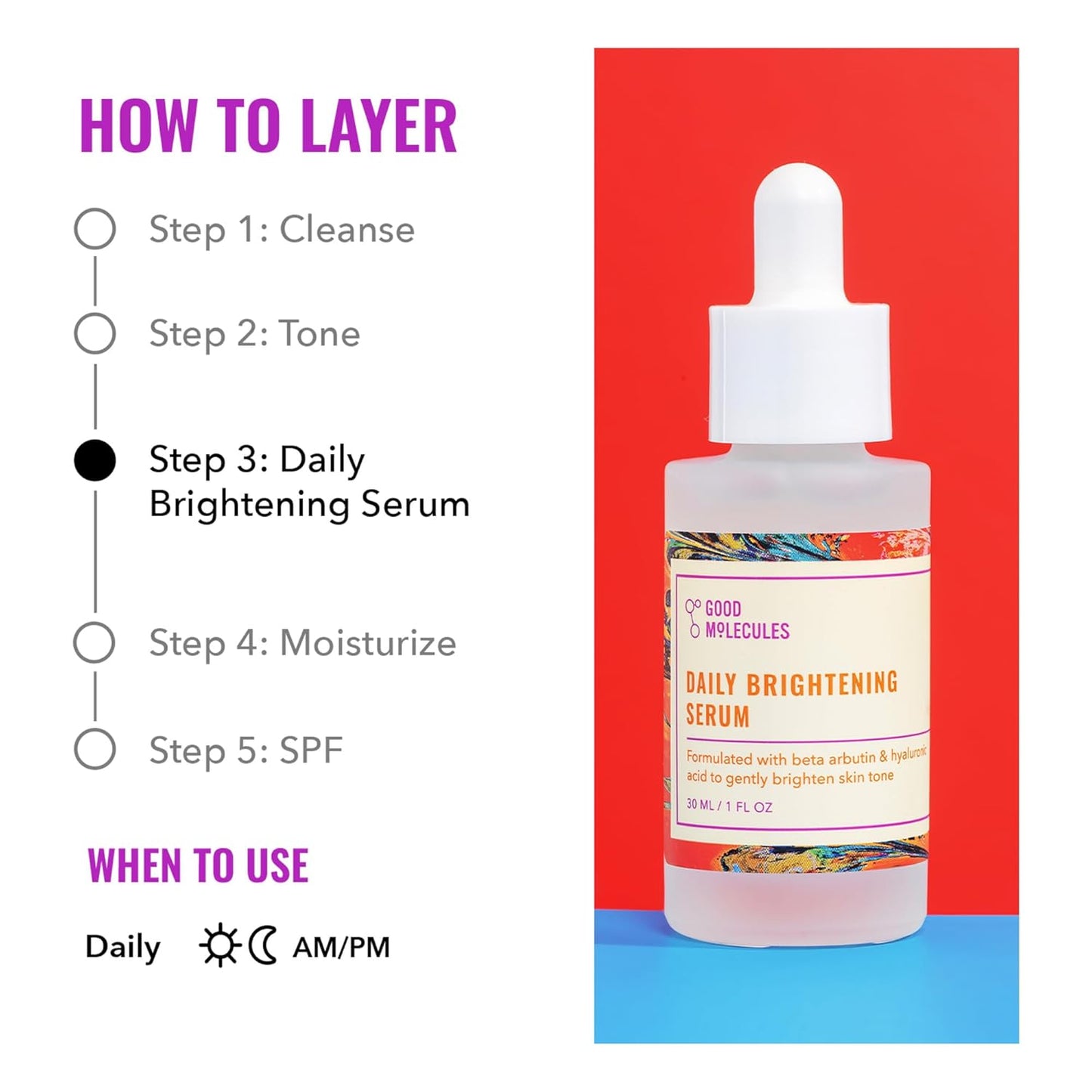 Good Molecules Daily Brightening Serum - Hyaluronic Acid Serum with Beta Arbutin to Target Dark Spots - Brightening and Anti-Aging Skin Care for Face