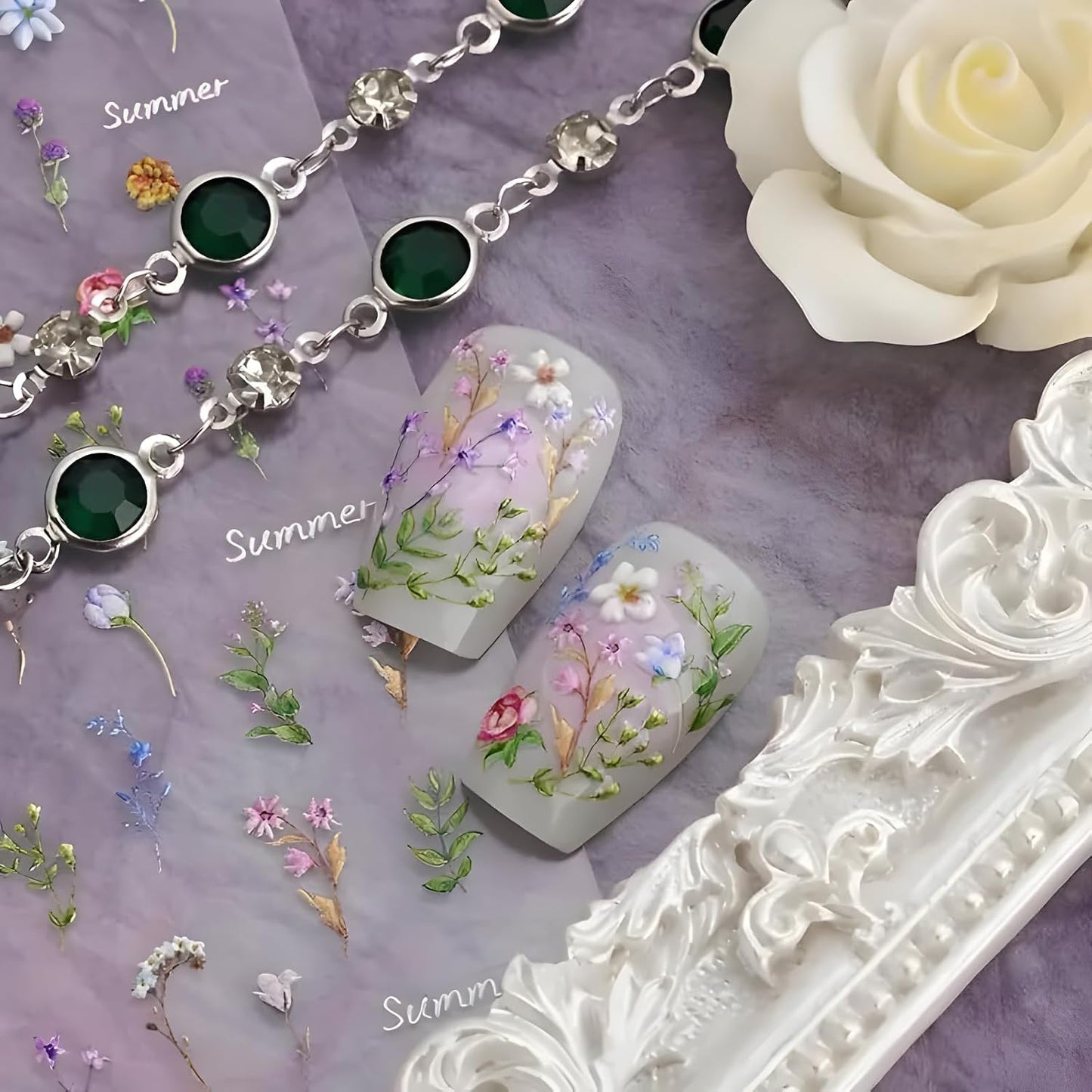 Flower Nail Art Stickers Decals 5D Embossed Self Adhesive Flower Nail Stickers for Nail Art Spring Summer Nail Decals Colorful Floral Nail Supplies Decoration for Women and Girls 2 Sheets