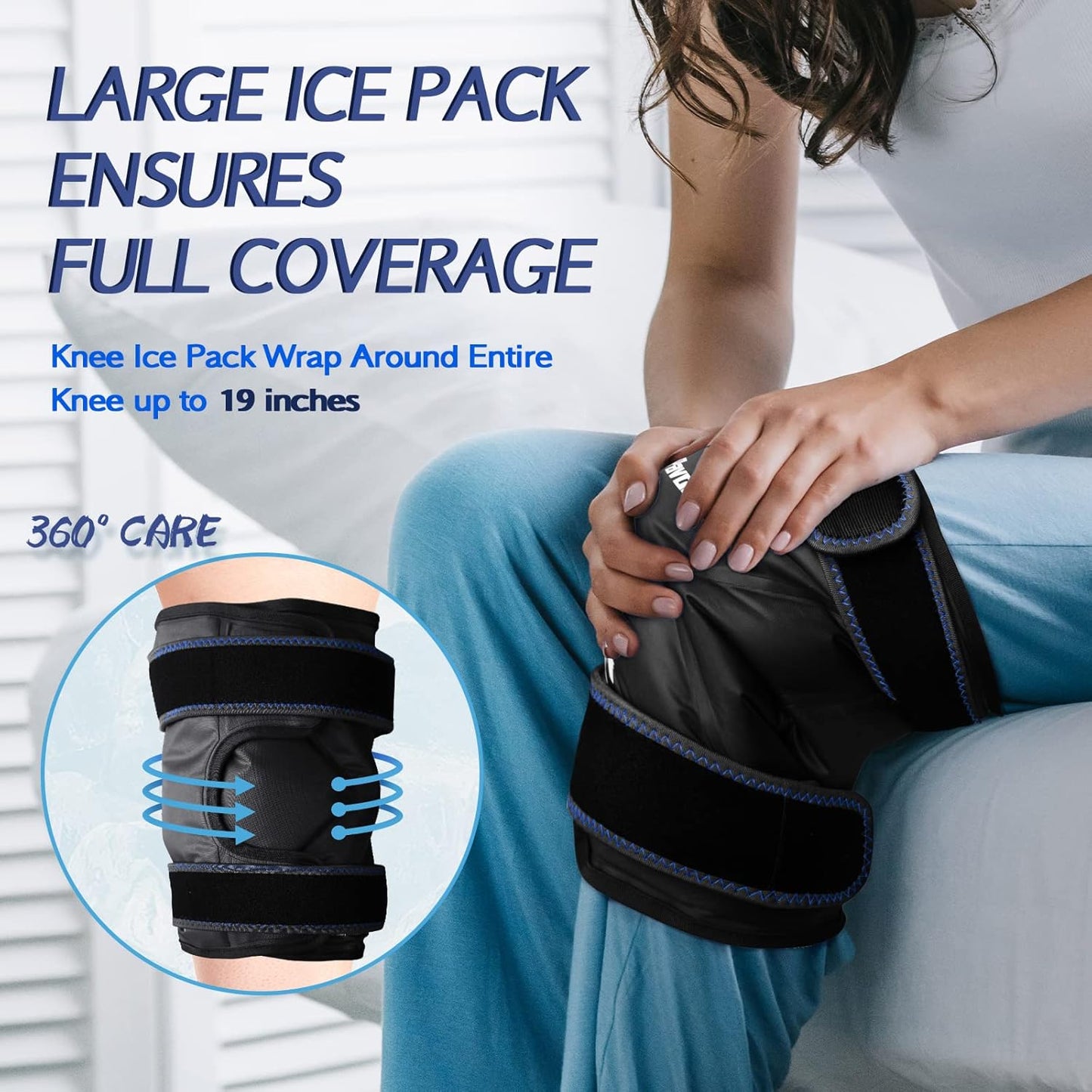 XXL Knee Ice Pack Wrap Around Entire Knee After Surgery, Reusable Gel Ice Pack for Injuries, Pain Relief, Swelling, Sports Injuries, 2 Pack (Black)