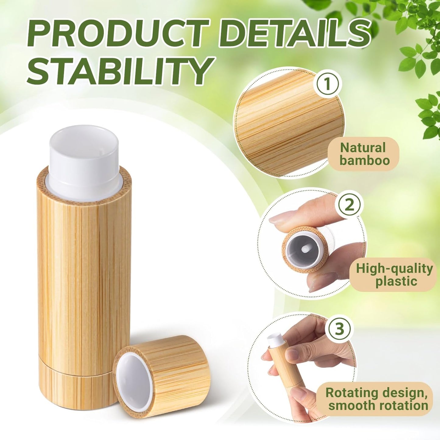 Leinuosen 12 Pcs Bamboo Empty Lipstick Tubes, Refillable 5g Lip Balm Containers with Rotable Plastic Inner for Women Girl DIY Cosmetic Lip Gloss Tubes for Lipstick, Deodorant, Solid Perfume, Makeup