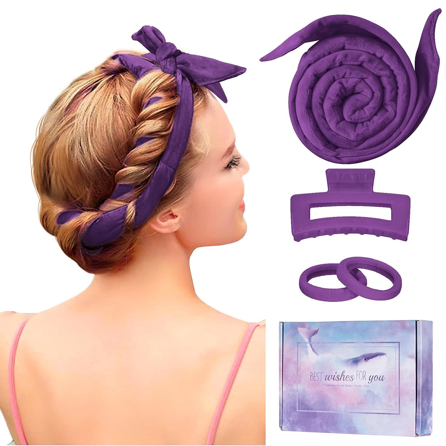 Heatless Curling Rod Headband, Upgraded 60' Extra Long Soft Velvet Hair Curlers to Sleep In, No Heat Curls for Most Hair Types, Includes Directions (Purple, 1 Count)