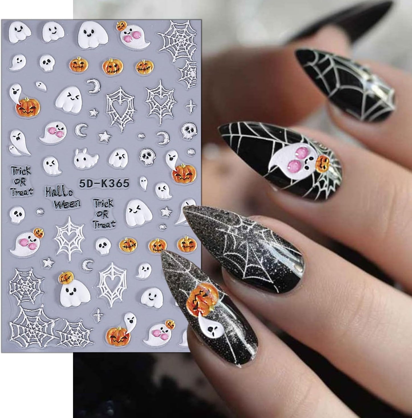 2 Sheets Halloween Nail Stickers for Nail Art 5D Spider Web Nail Art Stickers Embossed Ghost Pumpkin Nail Decals Self-Adhesive Horror Black Cat Nail Design Decals for Women Party Nails Supplies