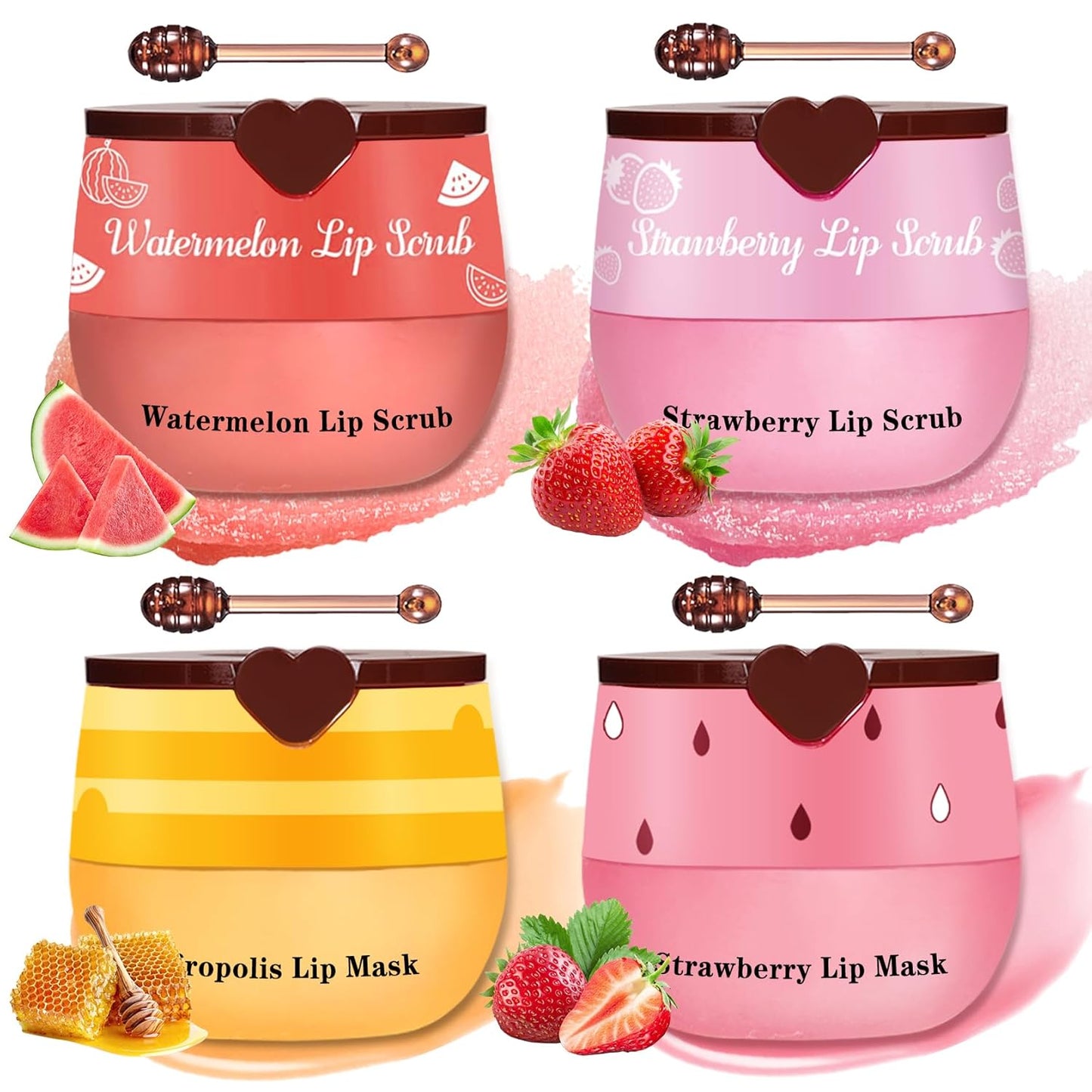 4PCS Lip Scrub and Mask Set,Strawberry and Honey Pot Lip Balm,Reduces Lip Lines Lip Exfoliator Scrub and Moisturizer,Repair Beebalm Lip Balm and Lip Scrub Set,Lip Mask Overnight