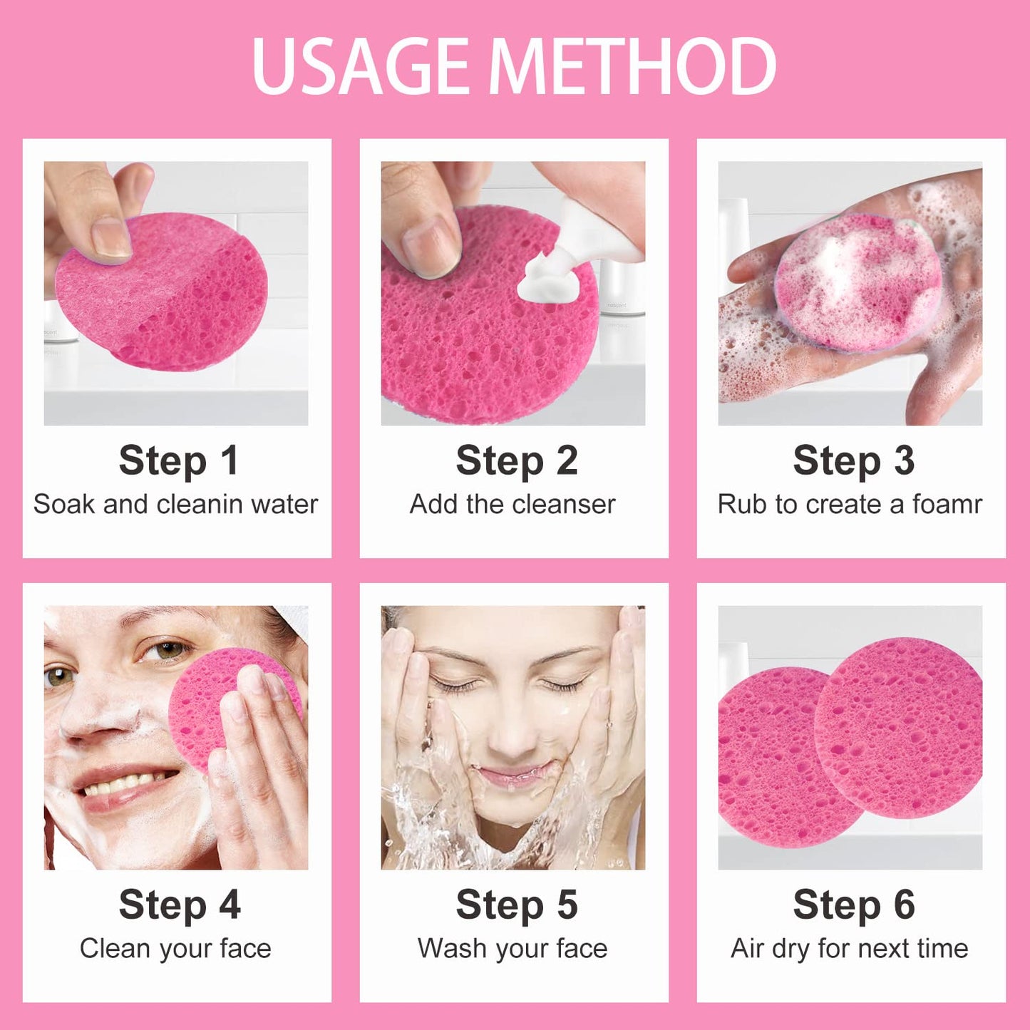 100-Count Facial Sponges Compressed Natural Cellulose Sponge Round Shape Face Sponge for Face Cleansing Exfoliating and Makeup Removal, Pink