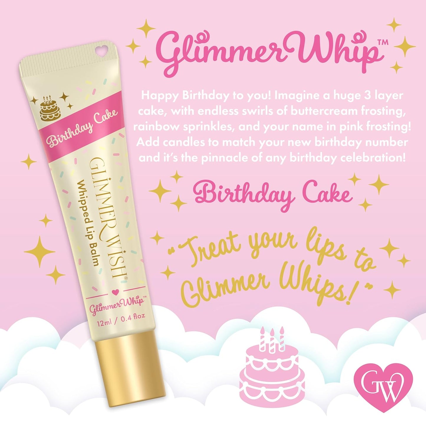 Glimmer Wish Glimmer Whip Hydrating Lip Balm – Organic Castor & Jojoba Oils, Shea & Cocoa Butters – Vegan, Non-Toxic, Moisturizing Lip Care (Birthday Cake)