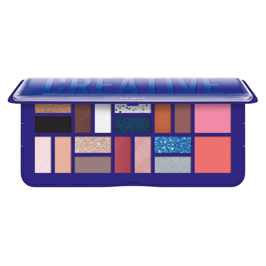 Pupa Milano Make-Up Palette L, 005 Blue, 0.71 oz - 18 Pan Eyeshadow and Blush Palette, Matte, Shimmer, Metallic Finishes - Blendable Velvety Texture Blush Powder - Talc-Free - Eco-Friendly Packaging