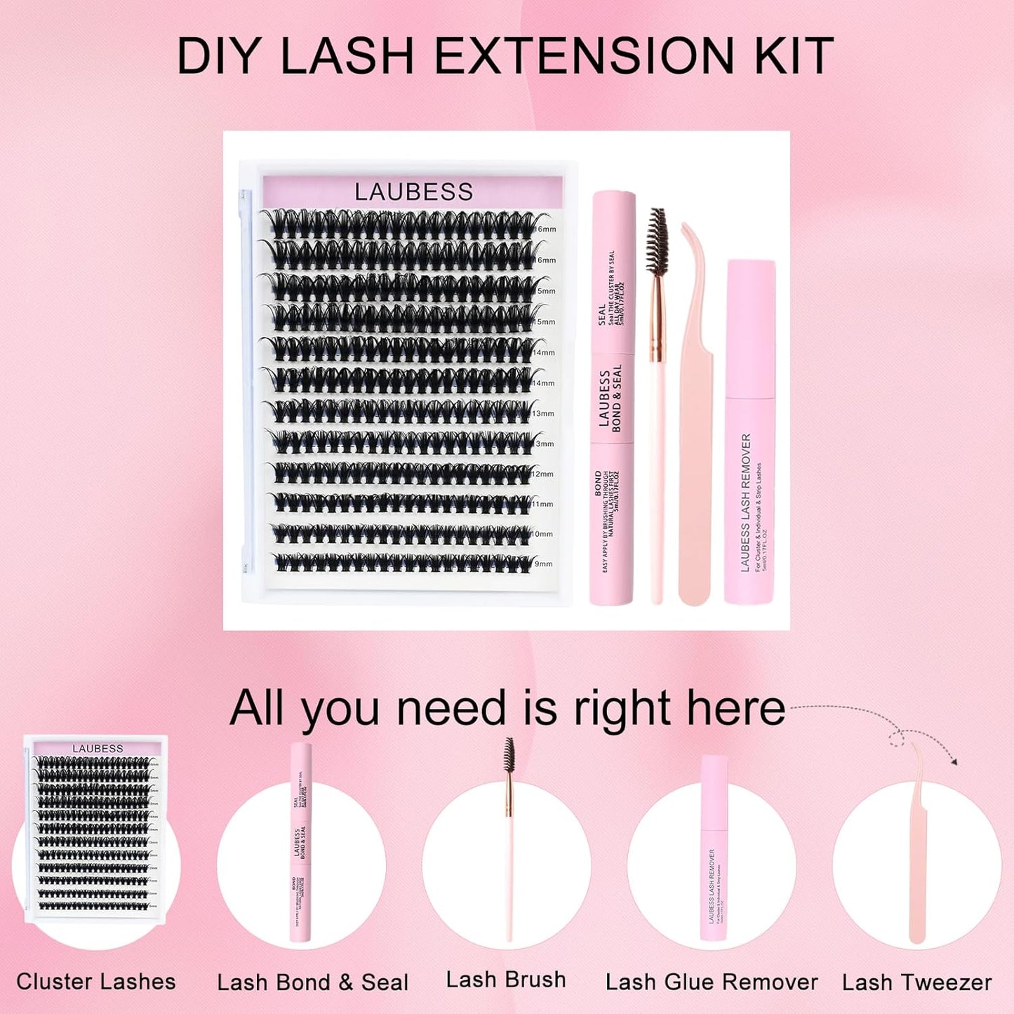 Lash Clusters Kit LAUBESS DIY Lash Extension Kit Lash Bond and Seal Waterproof Lash Glue Remover Tweezers Brush Cluster Eyelash Extensions Kit Eyelash Clusters (Kit 50D-D-Mix14-18)
