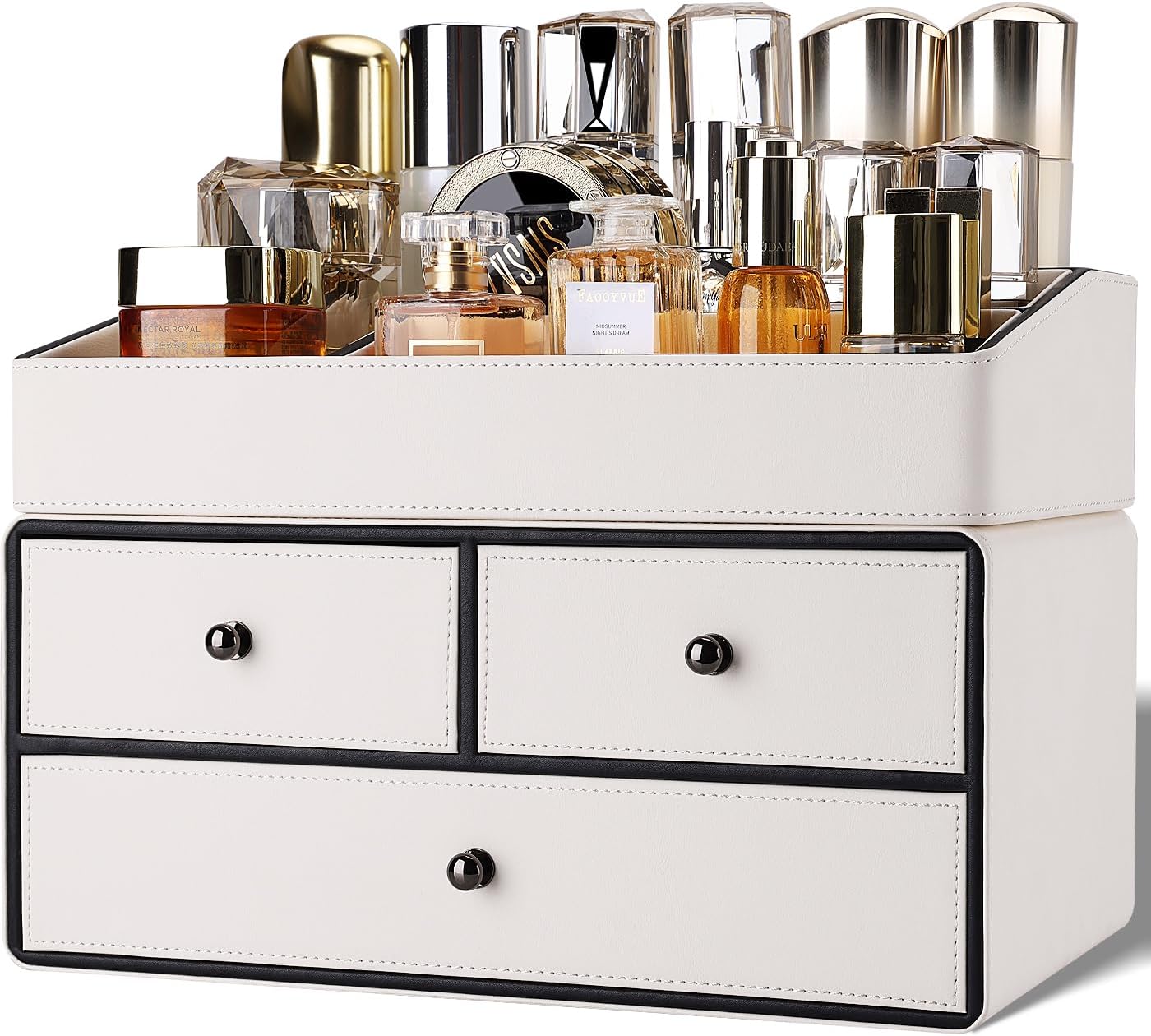 GORESE Leather Makeup Organizer with Drawers for Vanity, Stackable Skincare Holder Dresser Organizer Countertop, Make Up Storage Organizers Counter Cosmetic Display Case Gifts for Women(Cream White)