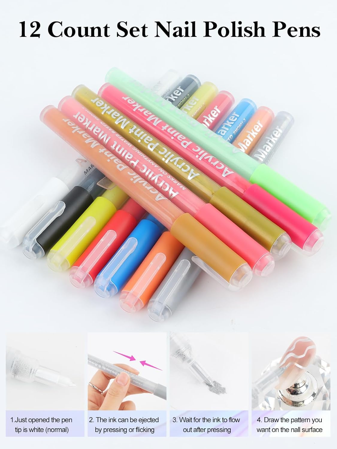 EBANKU 12 Colors Nail Art Pens Set Nail Polish Pens Quick Drying 0.7MM 3D Acrylic Paint Pens Clear Handle Point Liner Pen Drawing Painting Tool for Home DIY Nail Art Design (Set A)