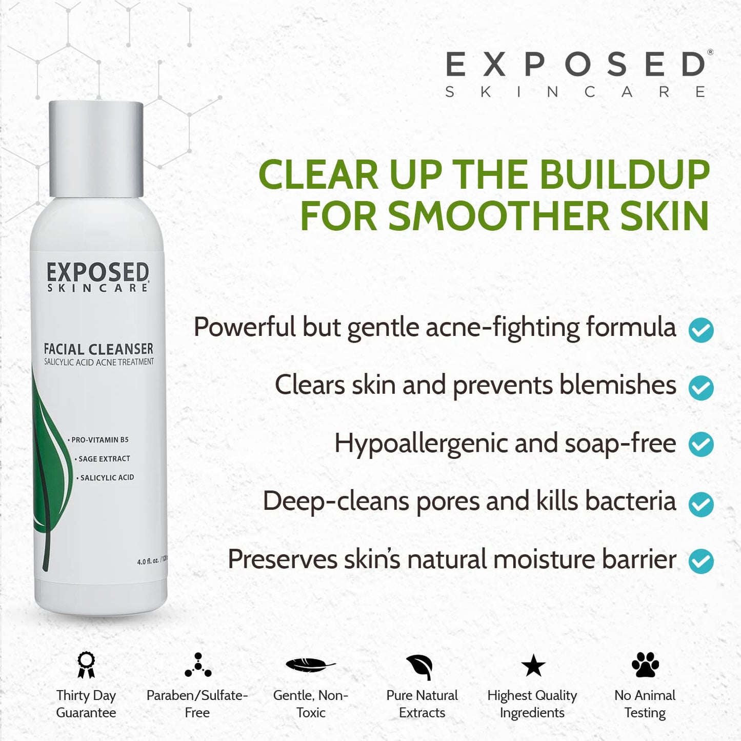 Exposed Skin Care Acne Facial Cleanser - Gentle Face Wash with Salicylic Acid for Acne Prone Skin - Pore Clarifying Acne Treatment for All Ages, Skin Types