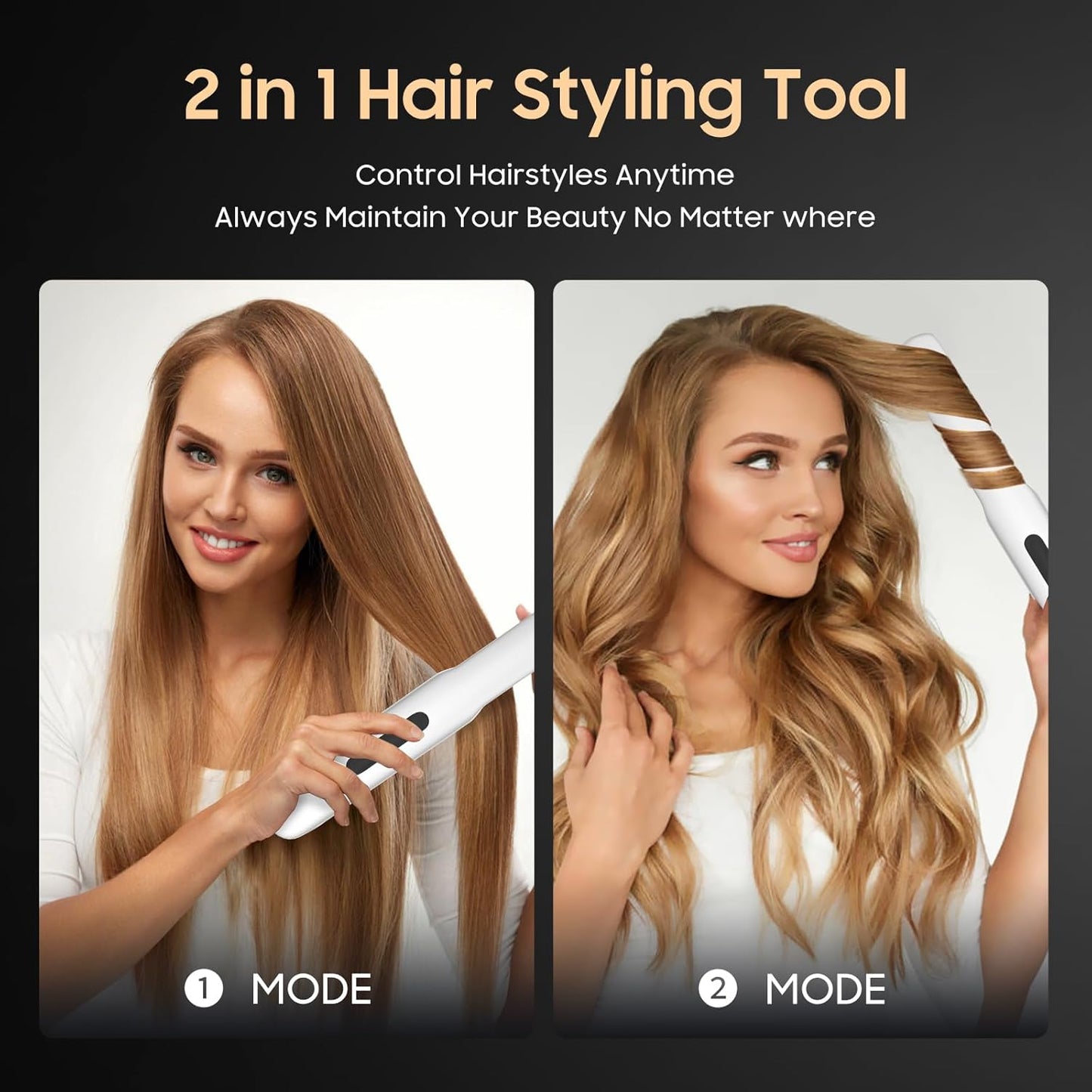 Cordless Hair Straightener and Curler 2 in 1, Titanium Flat Iron with Fast Heating, 4 Adjustable Temperature, Rechargeable Straightener for All Hair Types, Portable Styler for Travel (White)