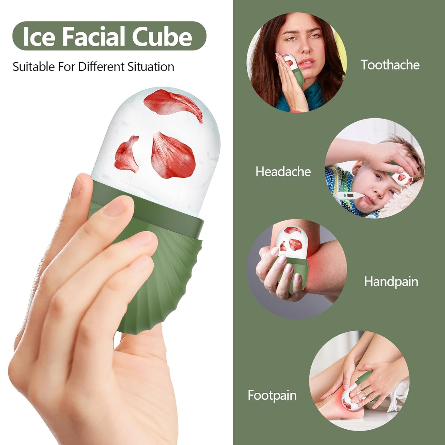 Ice Roller for Face and Eye, Silicone Ice Facial Roller Ice Holder, Face Ice Mold Skin Care, Face Icers Reusable Ice Cube Roller for Shrink Pores Anti Wrinkle Reduce Puffiness, Green