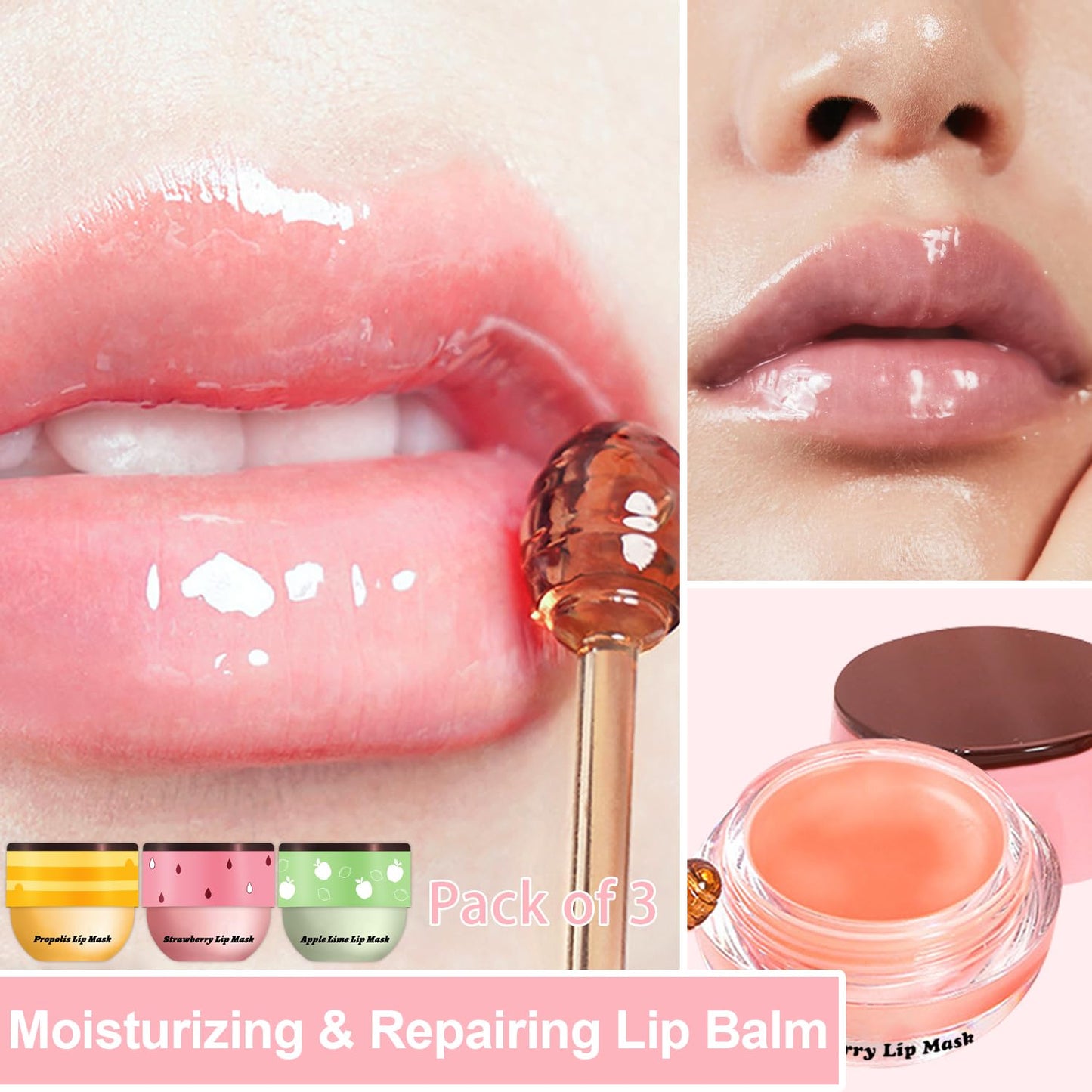 3 PCS Bee Lip Balm Lip Mask Honey Pot, Watermelon & Cherry & Coconut Lip Mask Propolis Moisturizing Lip, Hydrating Prevention Dry and Cracked Lip Scrubs Exfoliator (Honey& Strawberry& Apple Lime)