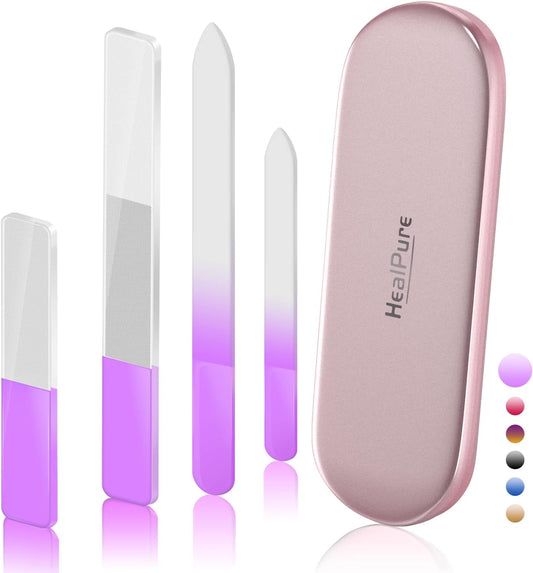Glass Nail File and Nail Shiner, 4PC Crystal Nail File and Nano Glass Nail Buffer, Premium Set with Case, Professional Manicure Tool Fingernail Czech File for Natural Nail, Gift for Women and Girls