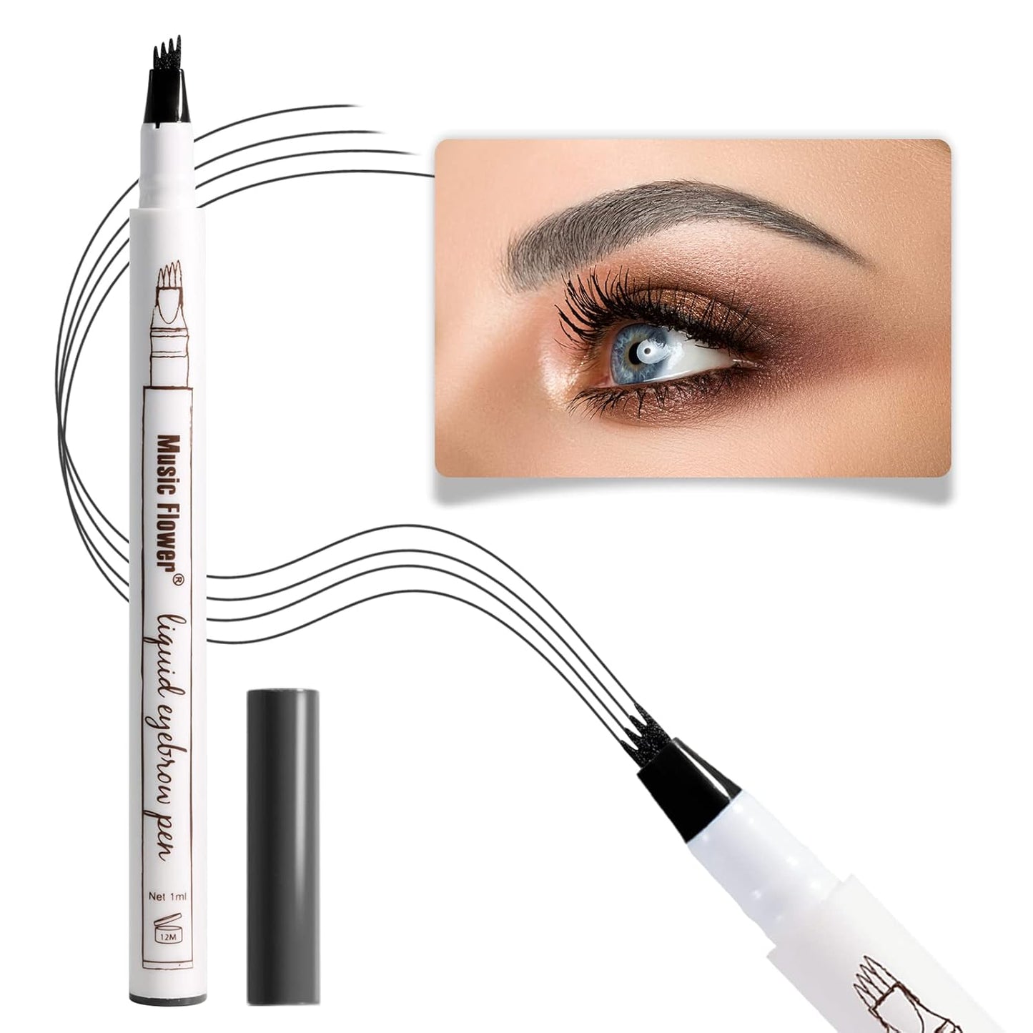 Music Flower Eyebrow Pen, Liquid Eyebrow pen, Waterproof Brow Pencil with Micro-Fork Tip, Smudgeproof Long Lasting Fine Sketch Microblading Pen-Dark grey