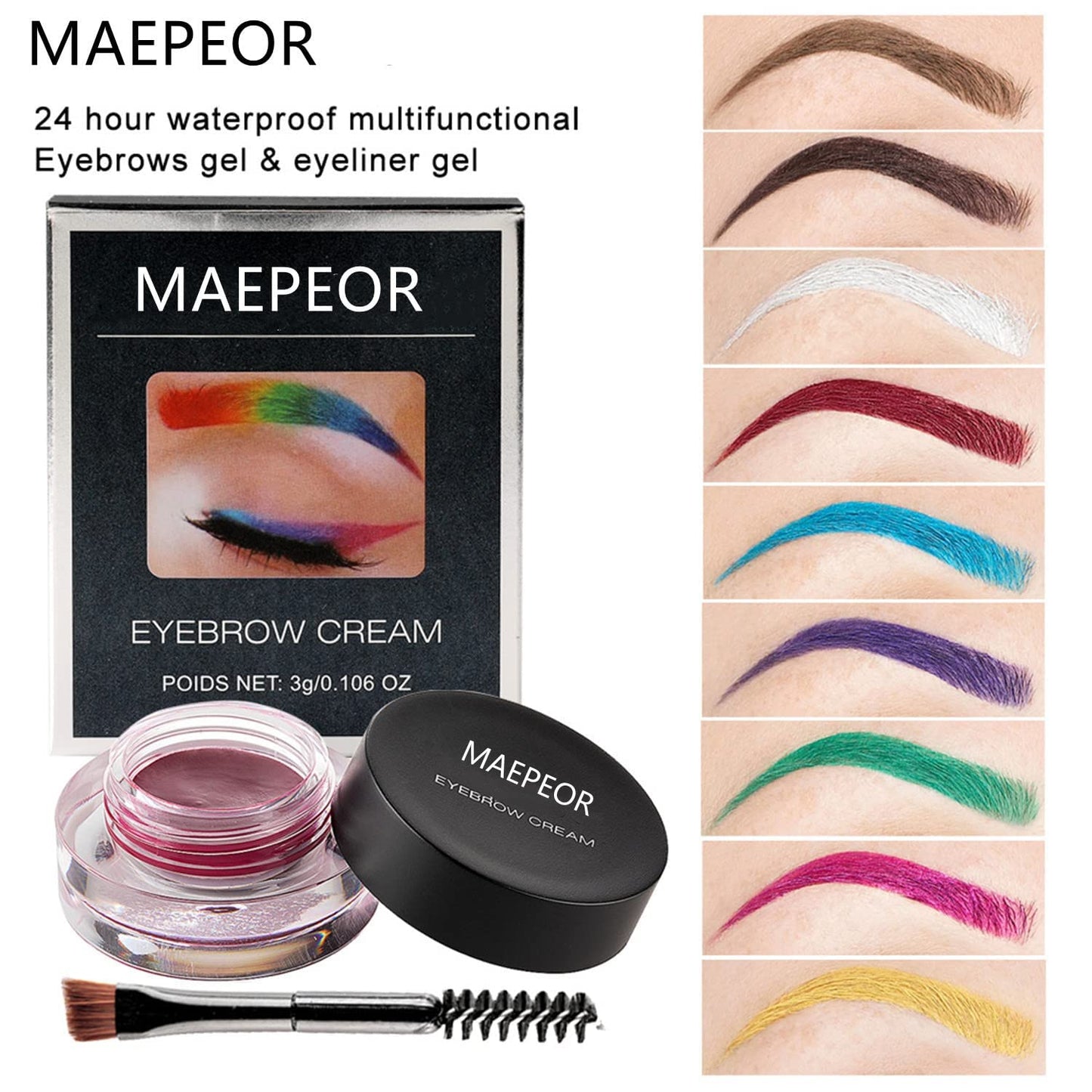 MAEPEOR 12 Colors Eyebrow Pomade Full-pigmented Long Lasting Waterproof Eyebrow Cream Gel Filling & Shaping Tinted Eyebrows Enhancers with Brush for Daily or Cosplay (08 Magedta)