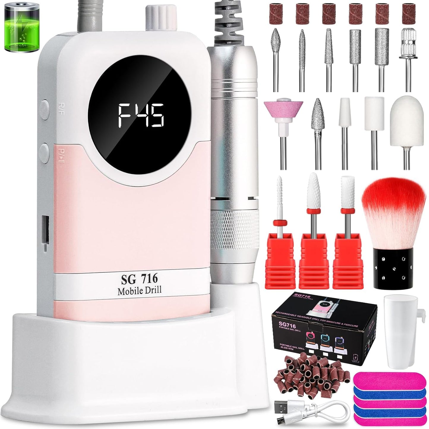 Electric Nail Drill Professional Kit - 45000RPM Electric Nail File Efile Portable Nail Drill Cordless with Bits & Base,E File Machine Nail Grinder for Women (Pink)