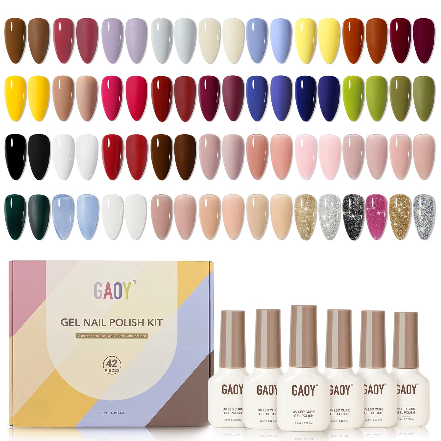 GAOY 42 Pcs Gel Nail Polish Kit, Jelly Nude Glitter Navy Blue Colors All Seasons UV Gel Nail Polish Set with Glossy & Matte Top Coat and Base Coat for Salon and DIY Manicure at Home