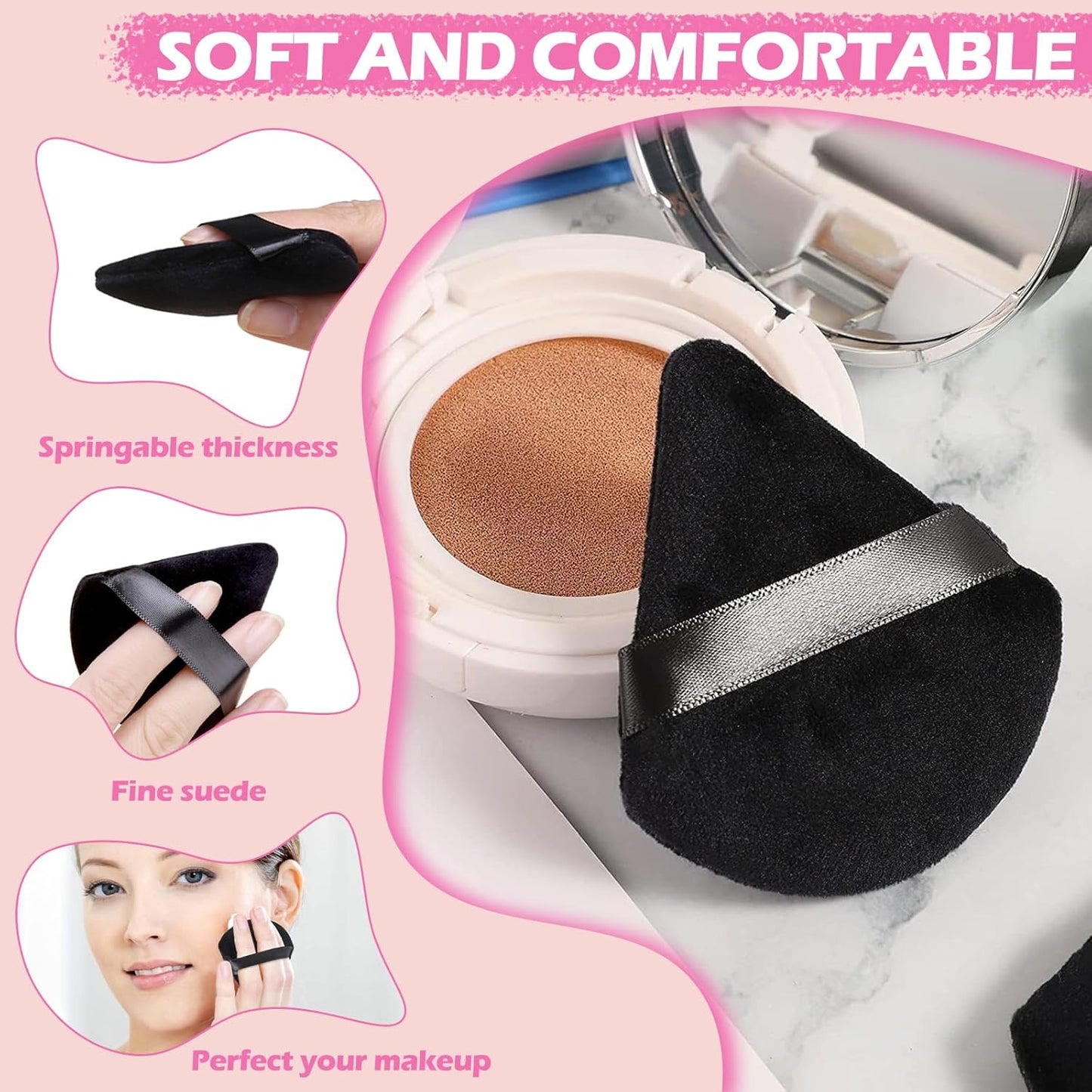 60 Pieces Powder Puff Face Triangle Powder Puff Soft Velour Makeup Puff Velour Puffs for Face Wet and Dry Cosmetic Foundation,Body Powder Blender Loose Mineral Powder Makeup Tool(Black,60 Pcs)