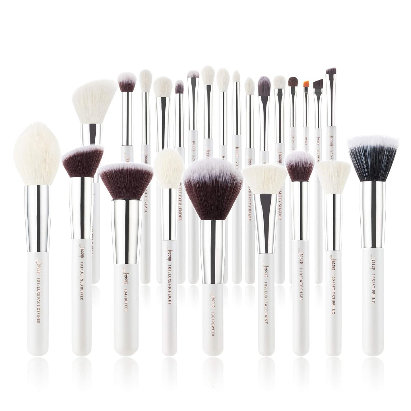 Jessup Brand 25pcs Professional Makeup Brush Set Beauty Cosmetic Foundation Powder Blusher Eyeshadow Blending Highlight Concealer Natural-Synthetic Hair Brushes Set (Pearl White/Silver)