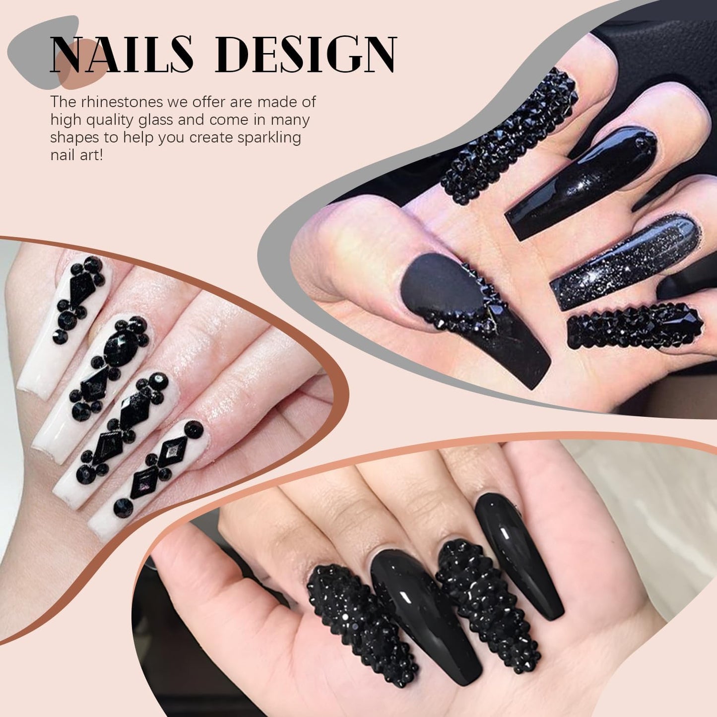 2630Pcs Black Glass Nail Rhinestones: 120Pcs Multi Shapes + 2510Pcs 1.5-4mm Round, Nail Art, Manicure, Craft Beads