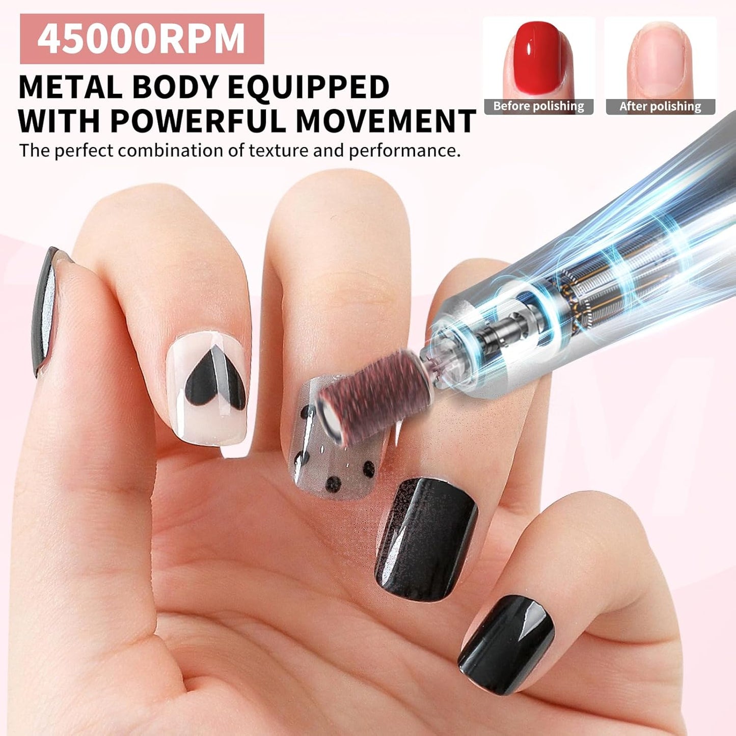 Electric Nail Drill Professional Kit - 45000RPM Electric Nail File Efile Portable Nail Drill Cordless with Bits & Base,E File Machine Nail Grinder for Women (Pink)