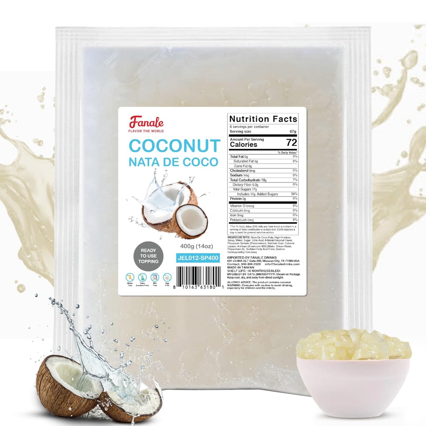 Fanale Coconut Jelly Topping nata de coco for Bubble Tea 400 g | Coconut Flavor Jelly | for Boba Tea, Smoothies, Slushes, Desserts 400g