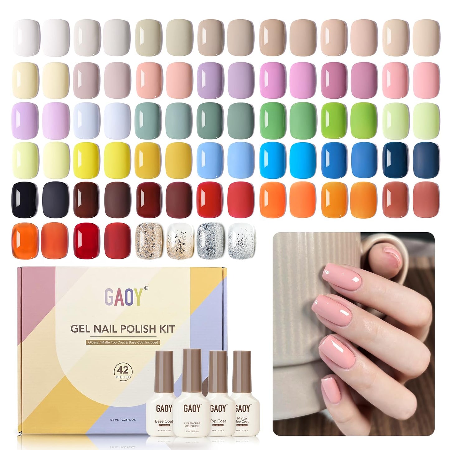 GAOY 42 Pcs Gel Nail Polish Kit, Green Blue Jelly Orange Glitter Colors All Seasons Gel Nail Polish Set with Glossy & Matte Top Coat and Base Coat for Salon and DIY Manicure at Home