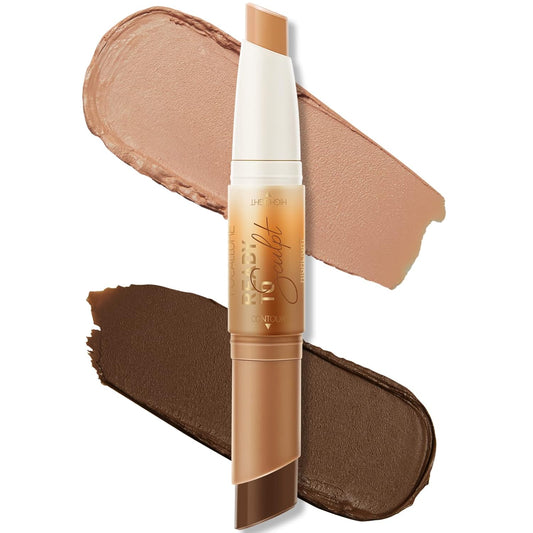 FOCALLURE 2 in 1 Cream Bronzer and Highlighter Stick,Non-greasy & Non-drying Contour Pencil,Easy to Create a Natural Matte Finishing,Long Lasting & Waterproof Face Brighten Make up Pen,DEEP