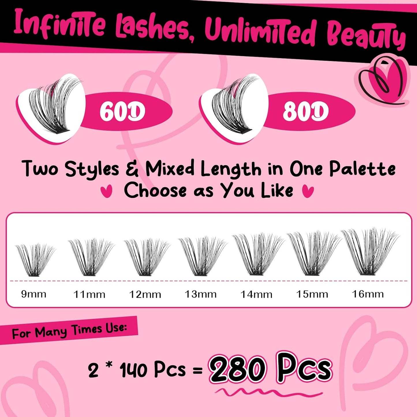 Lash Clusters Kit 280pcs Lash Clusters D Curl Eyelash Extension Kit Individual Lashes with Lash Bond and Seal Lash Applicator Easy to Apply at Home(60D+80D-9-16mix Kit)