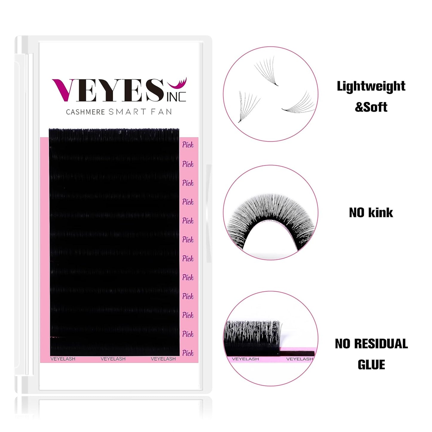 VEYES INC Cashmere Smart Fan Lash Extensions 0.03 0.05 0.07 C/CC/D Curl 8-20mm Mixed & Single Length, Super Matte Black Volume Lashes, Professional Supplies for Lash Techs (0.03 C 8-16mm)