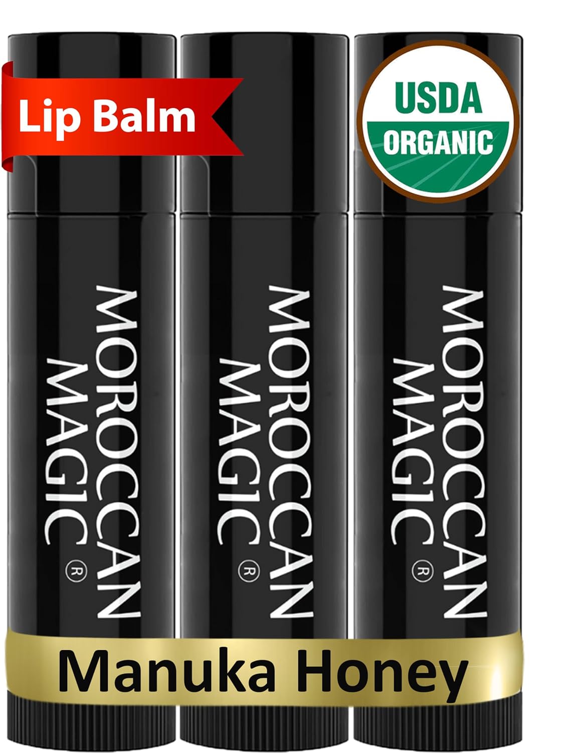 Moroccan Magic Organic Manuka Honey Lip Balm 3 Pack | Ultra-Hydrating Argan & Essential Oil Lip Moisturizer + Vitamin E | Natural Chapstick for Dry Lips | Smooth, Non-Toxic | Organic Lip Balm