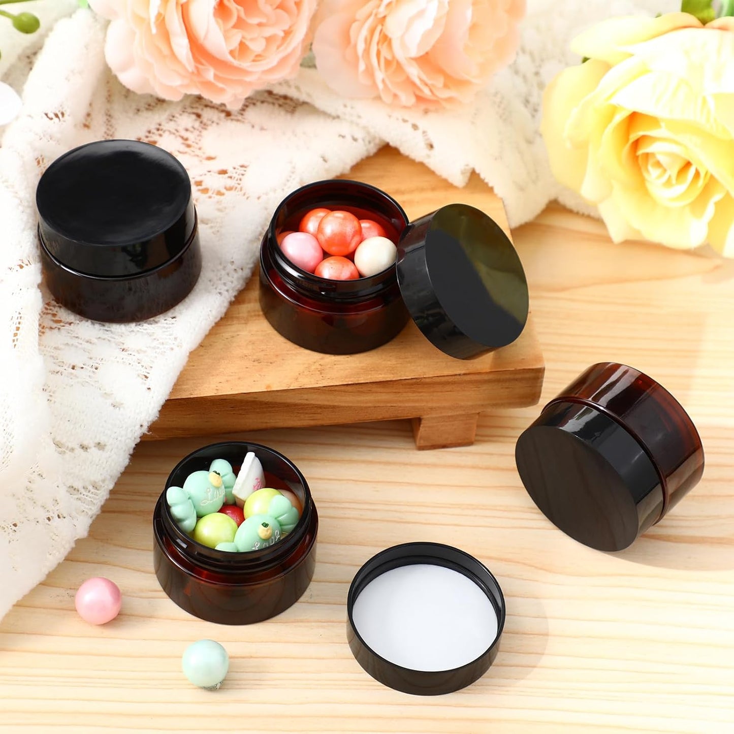 SATINIOR 36 Pieces 1 oz Plastic Jars with Lids Wide Mouth Airtight Reusable Container Acrylic Cosmetic Small Jars for Lotions Ointments Travel Toiletries Creams Make up Storage(Amber)