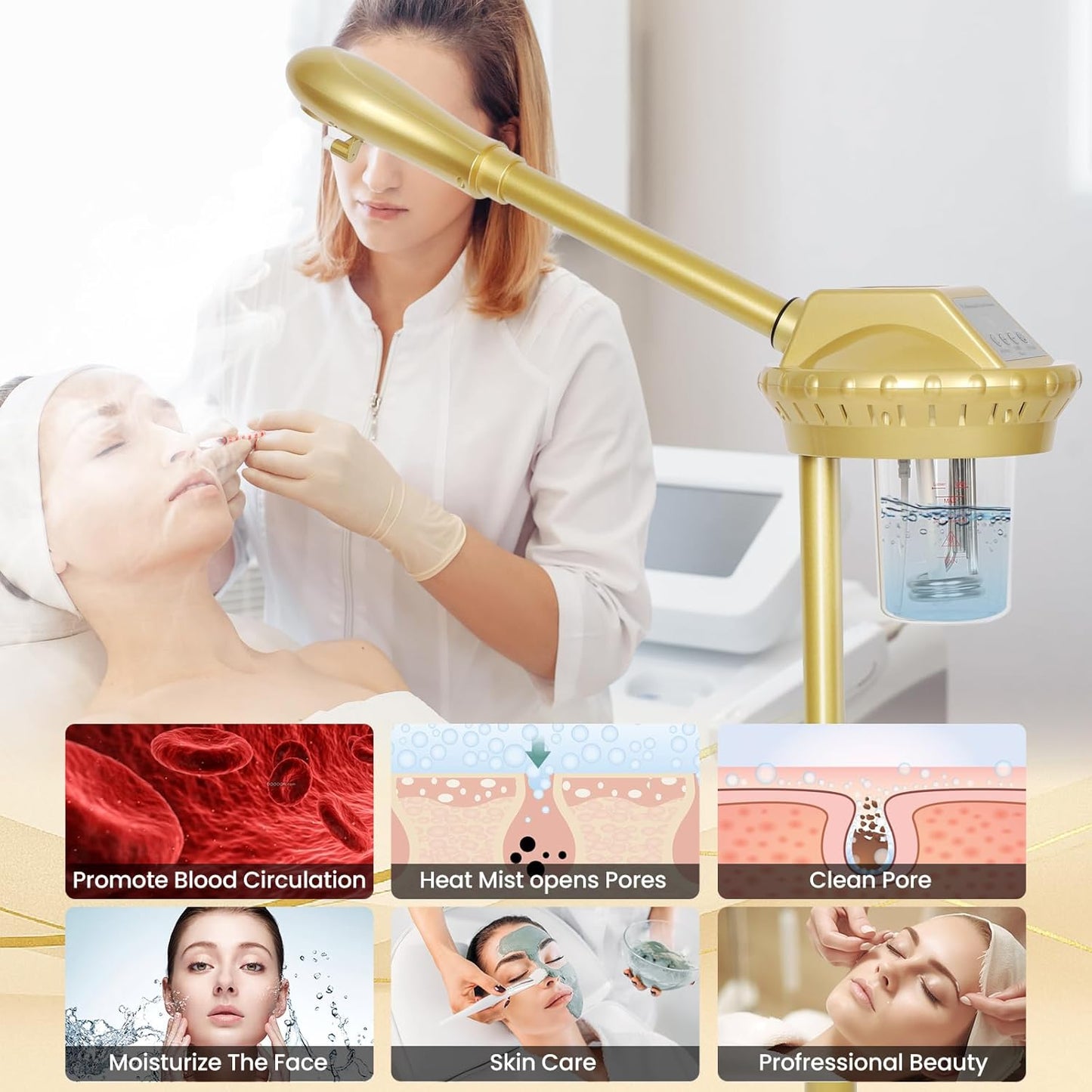 Facial Steamer Professional with More Steam for Deep Cleansing and Hydration, Estheticians Steamer on Wheels with Time Setting, Face Steamer Adjustable Height for Beauty, Spa and Home Use（Golden）