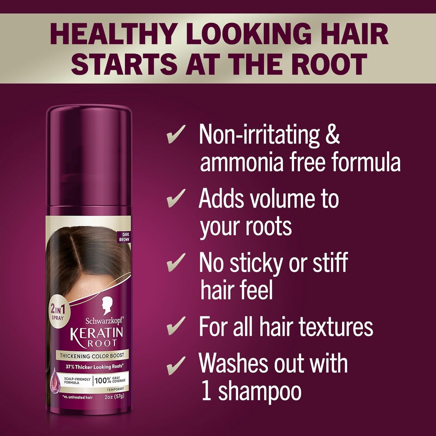 Schwarzkopf Keratin Color Root Temporary Hair Color Spray, Dark Brown - Salon Inspired Temporary Hair Dye, for up 100% Gray Coverage and Thicker Looking Roots, Ammonia free